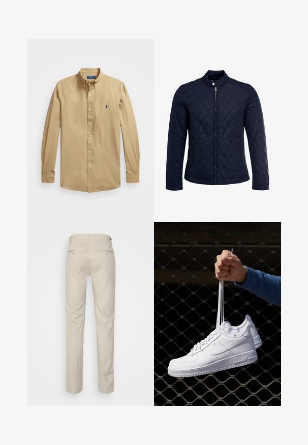 Casaco acolchoado azul-marinho com gola elevada, fecho de correr à frente e dois bolsos laterais. O material tem uma textura suave com padrões de diamante.; Camisola sem mangas bege de malha com decote em V, textura canelada e uma pequena etiqueta de couro no canto inferior esquerdo.; Polo Ralph Lauren SLIM FIT STRETCH POPLIN SHIRT - Camisa - surrey tan; Calças bege com uma textura suave, corte reto, dois bolsos traseiros com botões e uma cintura padrão.; Sapatilhas de couro branco com perfurações, biqueira redonda, sola plana e atacadores grossos, apresentando um logotipo swoosh visível e "AIR" no calcanhar.