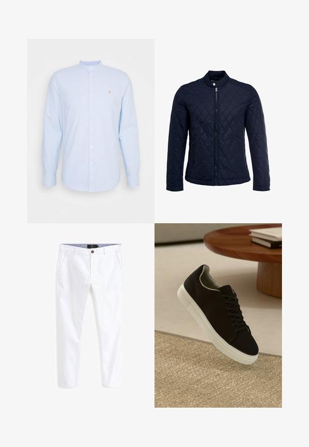 Marineblauwe gewatteerde jas met een staande kraag, volledige ritssluiting aan de voorkant en twee zijzakken. Materiaal heeft een gladde textuur met ruitpatronen.; Beige gebreide mouwloze sweatervest met een V-hals, ribbelstructuur en een klein leren logo-label aan de linksonderzijde.; Lichtblauwe overhemd met lange mouwen, een bandkraag, knopen aan de voorkant en een klein geel logo op de borst. Katoenen materiaal, gladde textuur.; Witte katoenen chino's met een recht model, voorzien van twee voorzakken, een knoopsluiting en een contrasterend detail aan de binnenband.; Zwarte sneaker met witte zool die boven een beige gestructureerd tapijt zweeft, nabij een ronde houten tafel met gestapelde boeken.