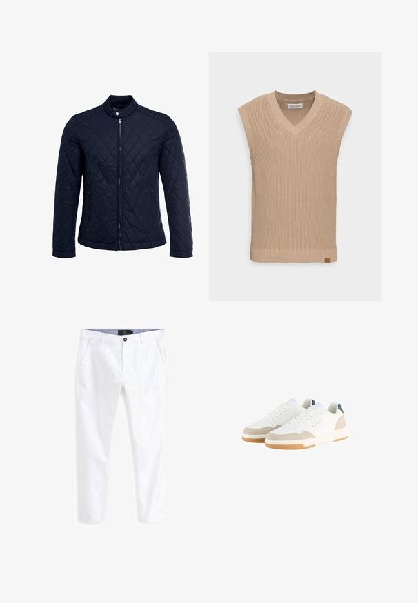Marinefarbenes wattiertes Jackett mit Stehkragen, durchgehendem Reißverschluss und zwei seitlichen Taschen. Das Material hat eine glatte Textur mit Rautenmuster.; Beige gestrickte ärmellose Sweater-Weste mit V-Ausschnitt, gerippter Textur und einem kleinen Lederlogo-Tag an der unteren linken Seite.; Weiße Baumwoll-Chinos mit geradem Bein, ausgestattet mit zwei Fronttaschen, einem Knopfverschluss und einem kontrastierenden Innenbund-Detail.; Weiße Sneakers mit einem strukturierten Mesh-Obermaterial, beigen Wildlederelementen und einer gepolsterten Sohle. Mit Schnürverschluss und einem blauen Logodetail.