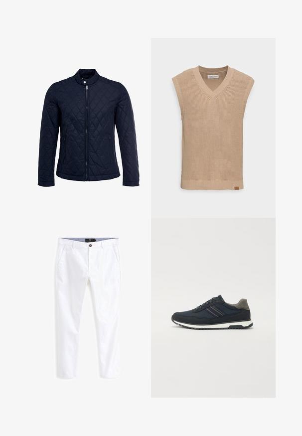 Tumesinine tikitud jakk, millel on püstine krae, täispikk tõmblukk ja kaks küljetaskut. Materjal on sileda tekstuuriga ja kaunistatud rombikujuliste mustritega.; Beži kudumata ilma varrukateta sviiter, millel on V-kaelus, soonikuline tekstuur ja väike nahast logo silt vasakul alal.; Valged puuvillased chiinod sirge sääre disainiga, millel on kaks esist taskut, nööp kinnitamine ja kontrastne sisemine vöödetail.; Tumes sinine võrkmaterjalist ja nahast toss, millel on hall kannaaktsent; sisaldab valget vahemidelit ja tekstuuriga musta tallaga; minimalistlik triibudetail.