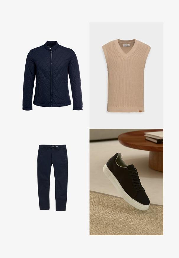 Tamsiai mėlynas užsegamas dubliažinis švarkas su stovinčiu apykakliu, visiškai užtraukiamas priekyje, ir dviem šoninėmis kišenėmis. Medžiaga turi lygią tekstūrą su deimantiniais raštais.; Bežinis nertinis be rankovių svarkelis su V formos iškirpte, grioveliais tekstūra ir mažu odiniu logotipo ženkliuku apačioje kairėje pusėje.; Tamsiai mėlynos medvilninės kelnės su tiesiu kirpimu. Įrengti du šoniniai kišeniai ir mygtukų uždarymas. Minimalistinis dizainas su subtiliais akcentais.; Juodas sportinis batelis su baltu padu, lekiančius virš smėlio spalvos tekstūruoto kilimo šalia apvalaus medinio stalo su sukrautomis knygomis.