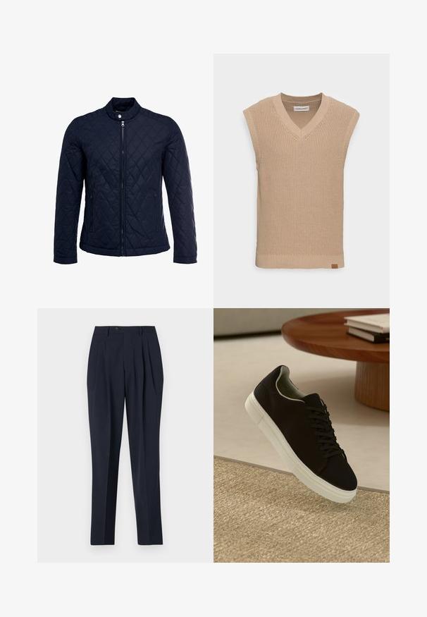 Mornarsko podloženo jakno z dvignjenim ovratnikom, polnim zadrgo in dvema stranskima žepoma. Material ima gladko teksturo s diamantnimi vzorci.; Bež pletena brezrokavnica s V-izrezom, rebrastim vzorcem in majhno usnjeno oznako na spodnji levi strani.; Mornarske hlače z visokim pasom, z gubami spredaj in z enim gumbom za zapiranje. Tkanina se zdi gladka z prilagojenim krojem in ravnim dizajnom nog. ; Črni športni copat z belim podplatom lebdi nad bež teksturiranim preprogam blizu okroglega lesenega mize z zloženimi knjigami.