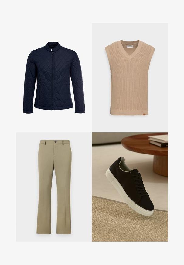Mörkblå vadderad jacka med ståkrage, fullständig dragkedja framtill och två sidofickor. Tyget har en slät yta med diamantmönster.; Beige stickad ärmlös tröjväst med V-ringning, ribbad textur och en liten läderlogotyptagg i nederkanten på vänster sida.; Ljusbruna, utställda byxor med en slät, vävd textur. Har en knappstängning, dragkedja, sidofickor och en skräddarsydd passform.; Svart sneakers med vit sula svävande över en beige texturerad matta nära ett runt träbord med staplade böcker.