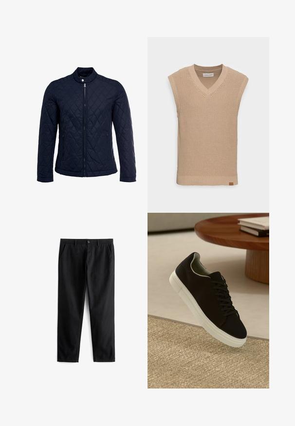 Jūras spēku krāsas nokrāsots džemperis ar izšūtu apkakli, pilnu priekšējo rāvējslēdzēju un divām sānu kabatām. Materiāls ir ar gludu faktūru, ar dimanta rakstiem.; Beige adīts bez piedurknēm džemperis ar V-veida kaklu, ribota tekstūra un maza ādas logo birka apakšējā kreisajā pusē.; Melnas bikses, kas izgatavotas no izturīgas auduma, ar divām priekšējām kabatām, pogu aizdari, platu priekšpusi un taisnu kāju griezumu.; Melni sporta apavi ar baltu zoli, kas peld virs bēša tekstūrēta paklāja netālu no apaļa koka galda ar sakrautiem grāmatām.