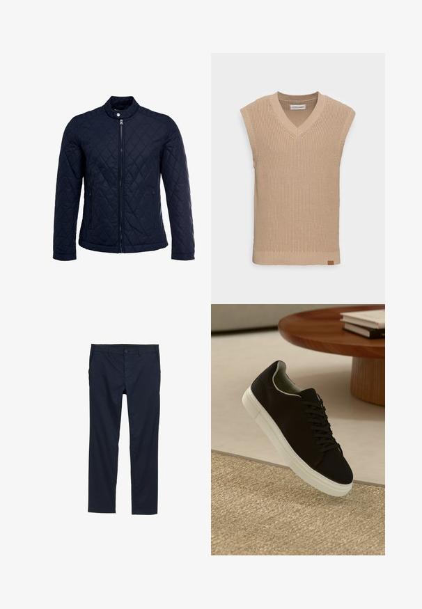 Mornarsko podloženo jakno z dvignjenim ovratnikom, polnim zadrgo in dvema stranskima žepoma. Material ima gladko teksturo s diamantnimi vzorci.; Bež pletena brezrokavnica s V-izrezom, rebrastim vzorcem in majhno usnjeno oznako na spodnji levi strani.; Mornarsko modri lahki hlače z gladko teksturo, ravnim krojem, gumbom za zapiranje in stranskimi žepi.; Črni športni copat z belim podplatom lebdi nad bež teksturiranim preprogam blizu okroglega lesenega mize z zloženimi knjigami.