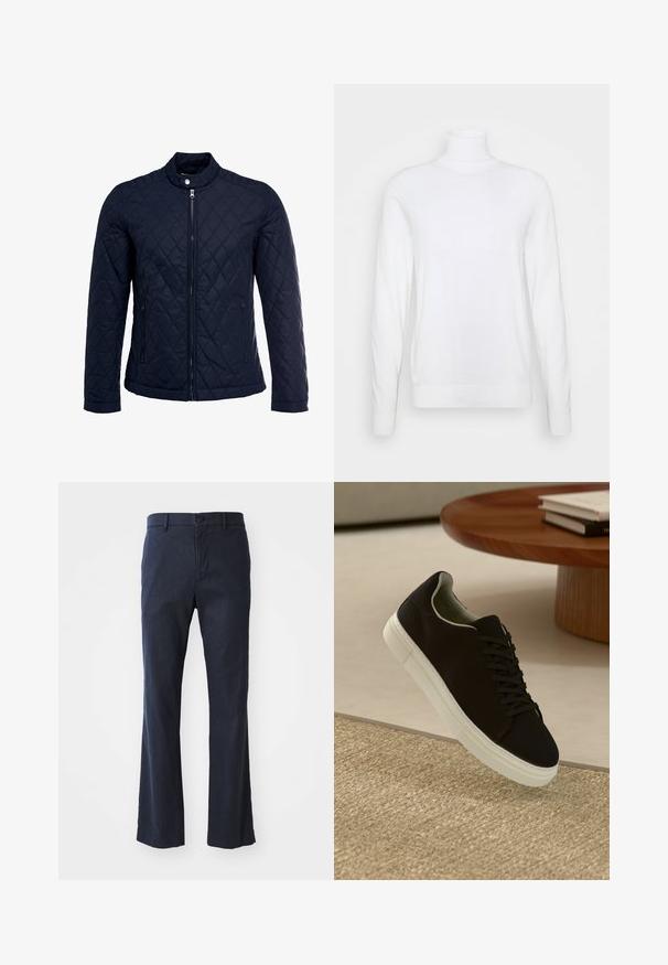 Mornarsko podloženo jakno z dvignjenim ovratnikom, polnim zadrgo in dvema stranskima žepoma. Material ima gladko teksturo s diamantnimi vzorci.; Bela pulover z bolj dolgimi rokavi in visokim ovratnikom, narejen iz gladkega materiala. Ima prilegan kroj ter žametne manšete in rob. Brez vzorcev ali okrasnih detajlov.; Mornarji modri široki hlače iz lahkotnega materiala, z enojnim gumbom in sprednjimi žepi, z gladko teksturo.; Črni športni copat z belim podplatom lebdi nad bež teksturiranim preprogam blizu okroglega lesenega mize z zloženimi knjigami.