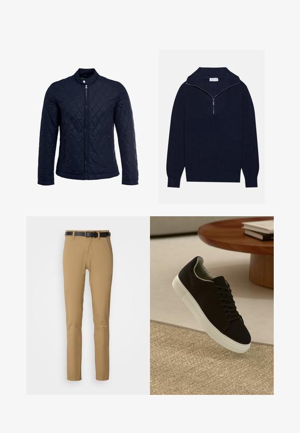 Granatowa pikowana kurtka z stojącym kołnierzem, pełnym zamkiem błyskawicznym i dwoma bocznymi kieszeniami. Materiał ma gładką teksturę z diamentowym wzorem.; Granatowy sweter wełniany z połową suwaka, z prążkowaną fakturą i V-kształtnym wzorem z przodu. Długie rękawy i dopasowany dół.; Khaki spodnie o dopasowanym kroju, wykonane z gładkiego materiału. Posiadają czarny pas, dwie przednie kieszenie oraz prostą nogawkę.; Czarny sneaker z białą podeszwą unoszący się nad beżowym, teksturowanym dywanem w pobliżu okrągłego drewnianego stołu z poukładanymi książkami.