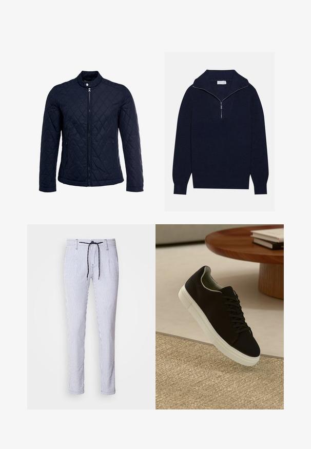Marinefarbenes wattiertes Jackett mit Stehkragen, durchgehendem Reißverschluss und zwei seitlichen Taschen. Das Material hat eine glatte Textur mit Rautenmuster.; Dunkelblaues Strickpullover mit einem halben Reißverschluss-Kragen, der eine gerippte Textur und ein V-förmiges Design auf der Vorderseite bietet. Lange Ärmel und taillierter Saum.; Gestreifte Hose aus einer hellblauen und weißen Baumwollmischung, mit einem Kordelzugbund, seitlichen Taschen und einer schmalen Passform mit zulaufenden Beinen.; Schwarze Sneakers mit weißer Sohle, die über einem beige strukturierten Teppich schweben, in der Nähe eines runden Holztisches mit gestapelten Büchern.