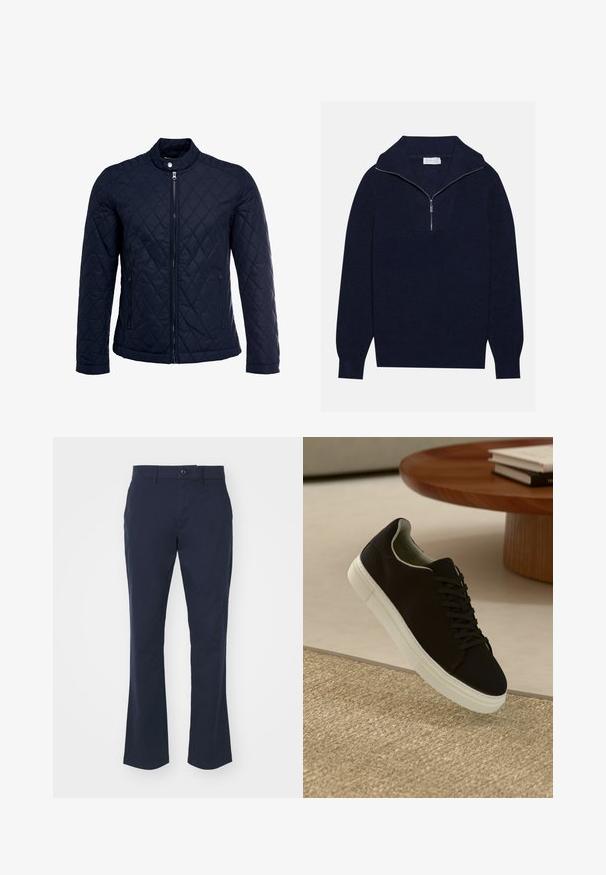 Navy quilted jacket featuring a stand-up collar, full front zip, and two side pockets. Material has a smooth texture with diamond patterns.; Navy blue knit sweater with a half-zip collar, featuring ribbed texture and a V-shaped design on the front. Long sleeves and fitted hem.; Navy blue trousers made from cotton blend fabric, featuring a straight leg design, standard waistband with a button closure, and side pockets.; Black sneaker with white sole floating above beige textured rug near round wooden table with stacked books.