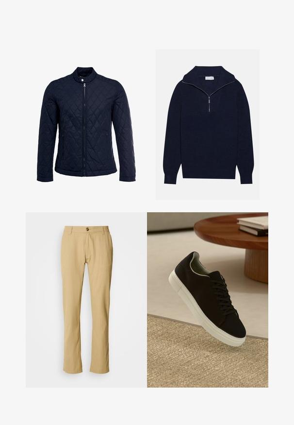 Tengerész kék steppelt dzseki, állógallérral, teljes előlapi cipzárral és két oldalsó zsebbel. Az anyag sima textúrájú, gyémánt mintázattal.; Tengerészkék kötött pulóver félcipzáros gallérral, bordás textúrával és V-alakú mintával az elején. Hosszú ujjú és testhez simuló szegéllyel rendelkezik.; Beige nadrág, egyenes szárú fazonnal, gombos záródással és finom szövettextúrával. Nincs látható minta vagy egyéb fémrész.; Fekete sneakers fehér talppal lebeg egy bézs textúrájú szőnyeg felett, egy kerek fából készült asztal közelében, rajta egymásra pakolt könyvekkel.