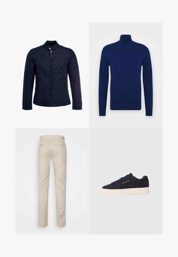 Navy quilted jacket featuring a stand-up collar, full front zip, and two side pockets. Material has a smooth texture with diamond patterns.; Navy blue turtleneck sweater made of smooth knit fabric. Long sleeves and fitted design with ribbed accents at the collar and hem.; Beige trousers with a smooth texture, straight cut, two back pockets with buttons, and a standard waistband.; Navy blue suede low-top sneaker with white sole, navy laces, and "Filling Pieces" logo in gold on the side.