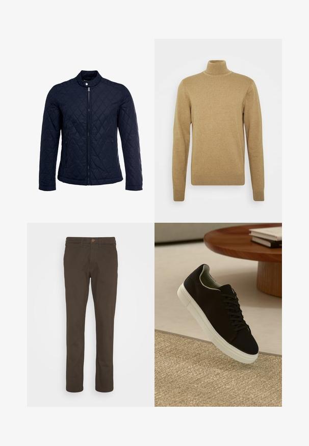 Marinefarbenes wattiertes Jackett mit Stehkragen, durchgehendem Reißverschluss und zwei seitlichen Taschen. Das Material hat eine glatte Textur mit Rautenmuster.; Beiger Rollkragenpullover aus weichem Strickstoff. Mit langen Ärmeln und taillierter Passform. Gerippter Saum und Kragenakzente.; Braune Baumwollchinos mit geradem Bein, Knopfverschluss und Taschen. Glatte Textur, minimale sichtbare Nähte.; Schwarze Sneakers mit weißer Sohle, die über einem beige strukturierten Teppich schweben, in der Nähe eines runden Holztisches mit gestapelten Büchern.