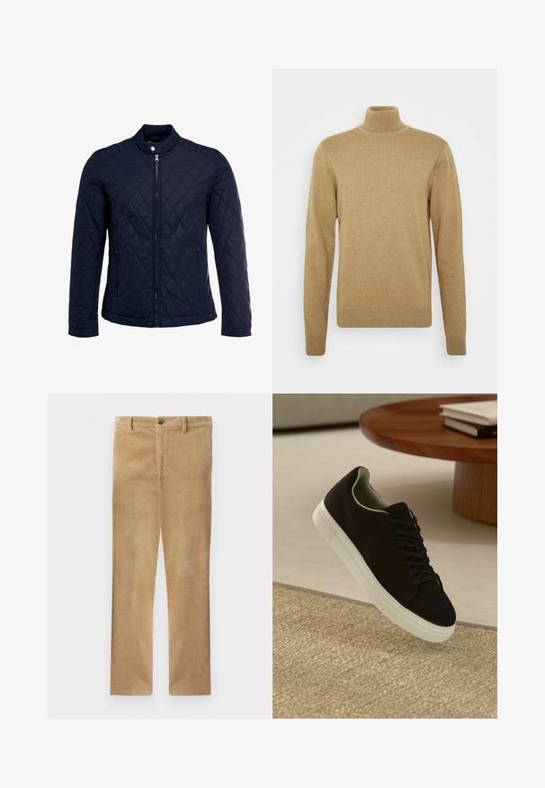 Mornarsko podloženo jakno z dvignjenim ovratnikom, polnim zadrgo in dvema stranskima žepoma. Material ima gladko teksturo s diamantnimi vzorci.; Bež pulover s turtleneck iz mehkega pletenega materiala. Ima dolge rokave in prilegajočo se zasnovo. Ribana obroba in ovratnik.; Kaki kordne hlače s ravnim krojem, ki imajo subtilno vertikalno rebrasti vzorec, z gumbom za zapiranje in standardnimi zankami za pas.; Črni športni copat z belim podplatom lebdi nad bež teksturiranim preprogam blizu okroglega lesenega mize z zloženimi knjigami.