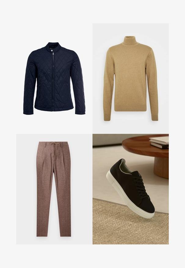 Tamsiai mėlynas užsegamas dubliažinis švarkas su stovinčiu apykakliu, visiškai užtraukiamas priekyje, ir dviem šoninėmis kišenėmis. Medžiaga turi lygią tekstūrą su deimantiniais raštais.; Bežinė storo audinio megztinė su aukštu kaklu. Turi ilgomis rankovėmis ir prigludusį dizainą. Raukšlėtas apykaklė ir apačia.; Rudos, tekstūruoti kelnės su žakardo raštu, turinčios raištelių juosmenį ir dvi priekines klostes. Tiesaus kirpimo dizainas.; Juodas sportinis batelis su baltu padu, lekiančius virš smėlio spalvos tekstūruoto kilimo šalia apvalaus medinio stalo su sukrautomis knygomis.