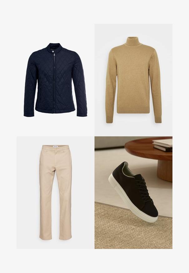 Námořnická prošívaná bunda s vysokým límcem, plným zipem a dvěma bočními kapsami. Materiál má hladkou texturu s diamantovým vzorem.; Beige rolák vyrobený z měkké pleteniny. Má dlouhé rukávy a přiléhavý střih. Hlavními prvky jsou vroubkovaný lem a límec.; Béžové bavlněné kalhoty se střihovým designem rovnými nohavicemi, s knoflíkovým zapínáním, poutky na pásek a bočními kapsami. Hladká textura.; Černé tenisky s bílou podrážkou plující nad béžovým texturovaným kobercem poblíž kulatého dřevěného stolu se stohovanými knihami.