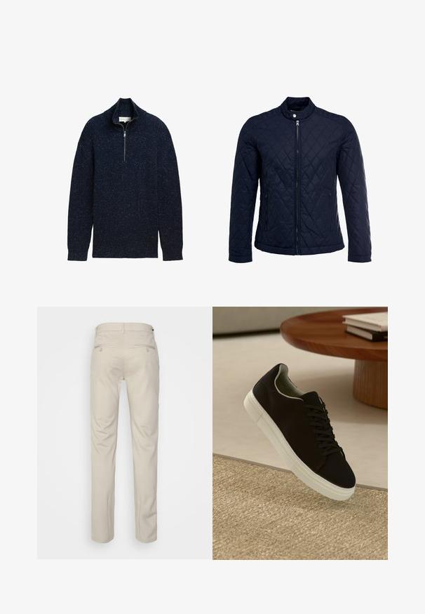 Chaqueta acolchada de color navy que cuenta con un cuello alzado, cierre frontal completo y dos bolsillos laterales. El material tiene una textura suave con patrones en forma de rombo.; Suéter de punto azul marino con cuello de media cremallera, textura acanalada y detalles moteados en toda la prenda. Mangas largas con puños.; Pantalones beiges con una textura suave, corte recto, dos bolsillos traseros con botones y una cinturilla estándar.; Zapatilla negra con suela blanca flotando sobre una alfombra texturizada beige cerca de una mesa redonda de madera con libros apilados.