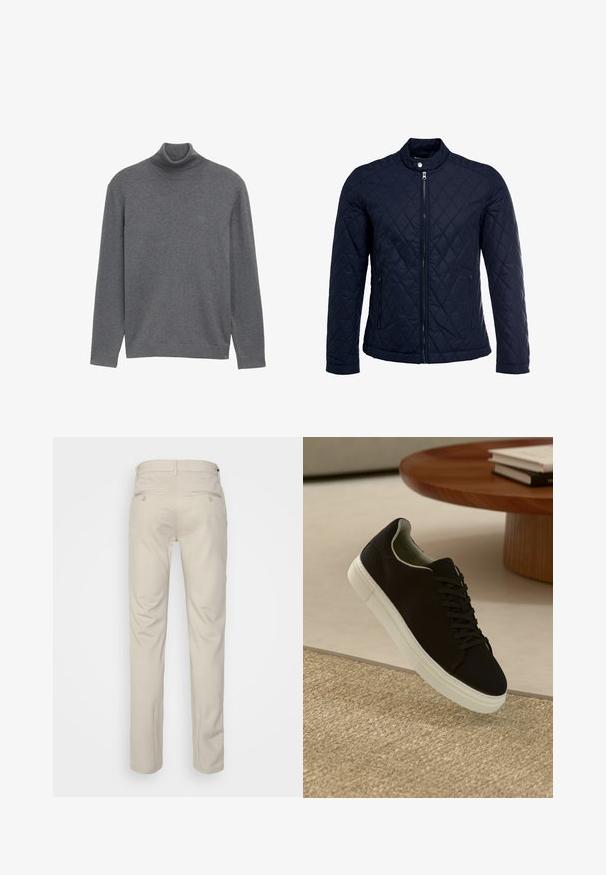 Jachetă matlasată de culoare bleumarin, cu guler în picioare, fermoar pe întreaga lungime și două buzunare laterale. Materialul are o textură netedă, cu modele în diamant.; Pulover gri cu guler înalt, realizat dintr-un material tricotat moale. Are mâneci lungi și un guler ajustat, cu un design minimalist și fără logo-uri vizibile.; Pantaloni bej cu o textură netedă, croială dreaptă, două buzunare laterale cu nasturi și un brâu standard.; Pantof din material textil negru, cu talpă albă, plutind deasupra unui covor texturat bej, lângă o masă rotundă din lemn cu cărți stivuite.