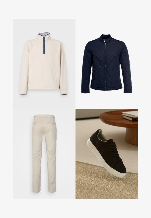 Tamsiai mėlynas užsegamas dubliažinis švarkas su stovinčiu apykakliu, visiškai užtraukiamas priekyje, ir dviem šoninėmis kišenėmis. Medžiaga turi lygią tekstūrą su deimantiniais raštais.; Šviesiai smėlinis flisinis megztinis su aukštu apykakle, pusiau užtrauktuku, mėlynu akcentu palei kaklą ir dviem šoninėmis kišenėmis. Minkšta tekstūra.; Bežinės kelnės su lygia tekstūra, tiesiu pjūviu, dviem užpakalinėmis kišenėmis su sagomis ir standartine juosmena.; Juodas sportinis batelis su baltu padu, lekiančius virš smėlio spalvos tekstūruoto kilimo šalia apvalaus medinio stalo su sukrautomis knygomis.