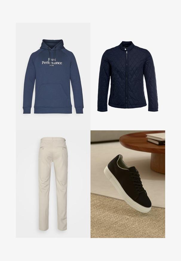 Jūras spēku krāsas nokrāsots džemperis ar izšūtu apkakli, pilnu priekšējo rāvējslēdzēju un divām sānu kabatām. Materiāls ir ar gludu faktūru, ar dimanta rakstiem.; Jūras zilas sporta krekls ar priekšējo kangaroo kabatu, kapuci ar aukliņām un baltu tekstu "Peak Performance". Izgatavots no mīksta auduma ar ribotām piedurknēm.; Bežīgas bikses ar gludu tekstūru, taisnas kājas, divas aizmugurējās kabatas ar pogām un standarta jostas vietu.; Melni sporta apavi ar baltu zoli, kas peld virs bēša tekstūrēta paklāja netālu no apaļa koka galda ar sakrautiem grāmatām.