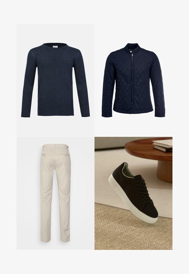 Marinefarbenes wattiertes Jackett mit Stehkragen, durchgehendem Reißverschluss und zwei seitlichen Taschen. Das Material hat eine glatte Textur mit Rautenmuster.; Marineblauer, gerippter Strickpullover mit langen Ärmeln, Rundhalsausschnitt und strukturiertem Muster. Hergestellt aus einem weichen Stoff und zeichnet sich durch eine schmale Silhouette aus.; Beige Hosen mit glatter Textur, geradem Schnitt, zwei Gesäßtaschen mit Knöpfen und einem normalen Bund.; Schwarze Sneakers mit weißer Sohle, die über einem beige strukturierten Teppich schweben, in der Nähe eines runden Holztisches mit gestapelten Büchern.