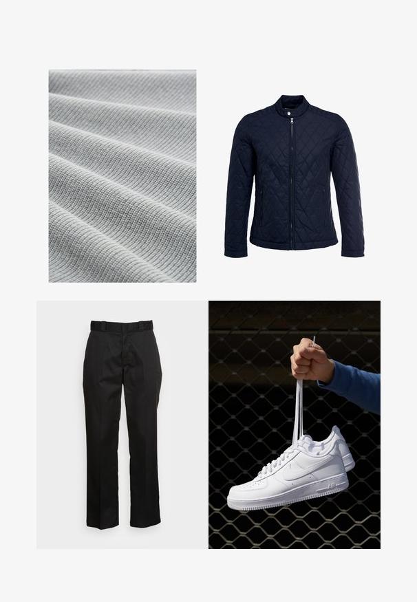 Marinefarbenes wattiertes Jackett mit Stehkragen, durchgehendem Reißverschluss und zwei seitlichen Taschen. Das Material hat eine glatte Textur mit Rautenmuster.; TOM TAILOR Strickpullover - grey heather melange; Schwarze Hose aus einem glatten Stoff, mit einem geraden Bein Design, Gürtelschlaufen und zwei Seiten Taschen. Klassischer Look ohne Verzierungen.; Weiße Leder-Sneaker mit Perforationen, runder Zehenpartie, flacher Sohle und dicken Schnürsenkeln, mit sichtbar eingesticktem Swoosh-Logo und "AIR" an der Ferse.