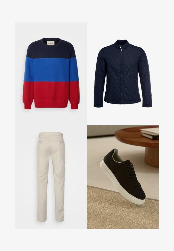 Tengerész kék steppelt dzseki, állógallérral, teljes előlapi cipzárral és két oldalsó zsebbel. Az anyag sima textúrájú, gyémánt mintázattal.; Színezett pulóver tengerészkék, kék és piros szakaszokkal. Pamutból készült, bordás nyakkal és mandzsettákkal. GANT logó a ujjon.; Beige nadrág sima felülettel, egyenes szabással, két gombos hátsó zsebbel és normál derékrésszel.; Fekete sneakers fehér talppal lebeg egy bézs textúrájú szőnyeg felett, egy kerek fából készült asztal közelében, rajta egymásra pakolt könyvekkel.