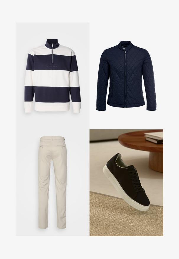 Μπλε τζάκετ με κουβέρτα, χαρακτηρισμένο με όρθιο γιακά, πλήρη μπροστινό φερμουάρ και δύο πλάγιες τσέπες. Το υλικό έχει λεία υφή με διαμαντόσχημα μοτίβα.; Μπλούζα πουά στη ναυτική και λευκή ρίγα με ψηλό γιακά και φερμουάρ μέχρι το ¼. Μαλακό βαμβακερό υλικό, διαθέτει ραμμένο λογότυπο μπροστά.; Μπεζ παντελόνι με ομαλή υφή, ίσια γραμμή, δύο πίσω τσέπες με κουμπιά και κανονική μέση.; Μαύρο αθλητικό παπούτσι με λευκή σόλα που αιωρείται πάνω από μπεζ υφή χαλιού κοντά σε στρογγυλό ξύλινο τραπέζι με στοίβες βιβλίων.