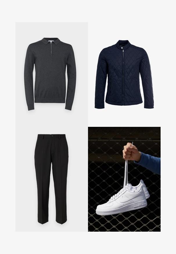 Casaco acolchoado azul-marinho com gola elevada, fecho de correr à frente e dois bolsos laterais. O material tem uma textura suave com padrões de diamante.; Pullover cinzento escuro com gola zippada, mangas longas, punhos e bainha canelados. Textura suave, design minimalista.; Calças pretas feitas de um tecido suave, com um design de perna reta, bolsos frontais, fecho de um único botão e sem padrões visíveis.; Sapatilhas de couro branco com perfurações, biqueira redonda, sola plana e atacadores grossos, apresentando um logotipo swoosh visível e "AIR" no calcanhar.