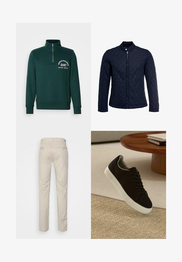 Casaco acolchoado azul-marinho com gola elevada, fecho de correr à frente e dois bolsos laterais. O material tem uma textura suave com padrões de diamante.; Sweatshirt de meia-zíper em verde escuro com colarinho alto, punhos e bainha canelados, e logotipo em texto branco "GANT American Sportswear New Haven Connecticut" no peito.; Calças bege com uma textura suave, corte reto, dois bolsos traseiros com botões e uma cintura padrão.; Sneaker preto com sola branca flutuando acima de um tapete texturizado bege, perto de uma mesa redonda de madeira com livros empilhados.