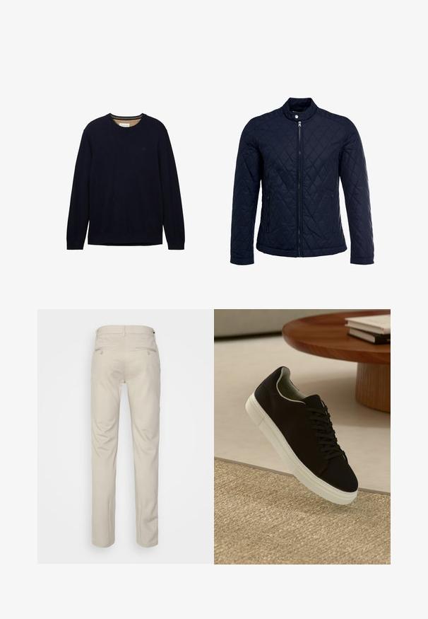 Marineblauwe gewatteerde jas met een staande kraag, volledige ritssluiting aan de voorkant en twee zijzakken. Materiaal heeft een gladde textuur met ruitpatronen.; Marineblauwe trui van zachte stof, met een ronde hals, lange mouwen en een subtiele logo op de borst. Gladde textuur en een ontspannen pasvorm.; Beige broek met een gladde textuur, rechte snit, twee achterzakken met knopen en een standaard tailleband.; Zwarte sneaker met witte zool die boven een beige gestructureerd tapijt zweeft, nabij een ronde houten tafel met gestapelde boeken.
