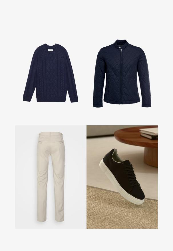 Veste matelassée bleu marine avec col montant, fermeture éclair sur le devant et deux poches latérales. Le matériau a une texture lisse avec des motifs en losange.; Pull en tricot bleu marine avec des motifs en câble, un col et des poignets côtelés. Fabriqué en fil texturé pour plus de chaleur et de confort.; Pantalon beige avec une texture lisse, coupe droite, deux poches arrière avec boutons, et une taille standard.; Baskets noires avec semelle blanche flottant au-dessus d'un tapis texturé beige, près d'une table en bois ronde avec des livres empilés.