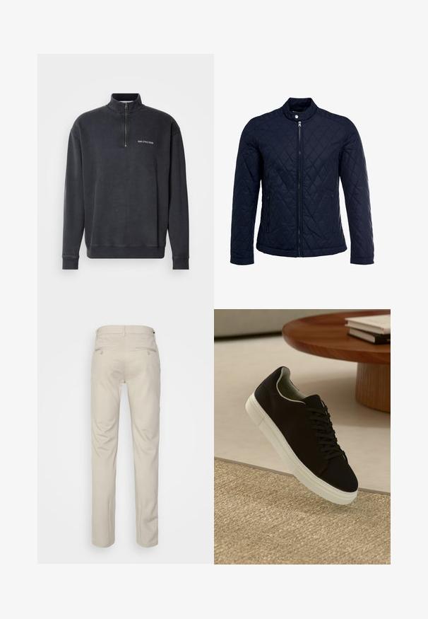 Jachetă matlasată de culoare bleumarin, cu guler în picioare, fermoar pe întreaga lungime și două buzunare laterale. Materialul are o textură netedă, cu modele în diamant.; Pulover cu fermoar la jumătate în gri închis, dintr-un amestec de bumbac. Prezintă guler și manșete ribbate, cu un mic logo alb pe piept. Textură netedă.; Pantaloni bej cu o textură netedă, croială dreaptă, două buzunare laterale cu nasturi și un brâu standard.; Pantof din material textil negru, cu talpă albă, plutind deasupra unui covor texturat bej, lângă o masă rotundă din lemn cu cărți stivuite.