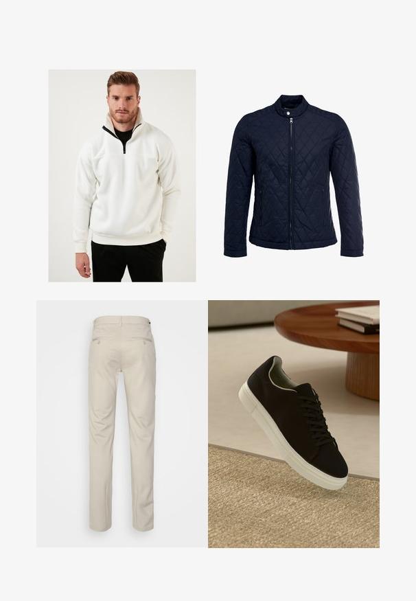 Tumesinine tikitud jakk, millel on püstine krae, täispikk tõmblukk ja kaks küljetaskut. Materjal on sileda tekstuuriga ja kaunistatud rombikujuliste mustritega.; Valge pehme kangast pullover, millel on mustade aktsentidega pooltõmblukuga kaelus. Disain sisaldab soonikkoes mansette ja lõdva istuvust.; Bež püksid siledas tekstuuris, sirge lõikega, kahe nööpidega tagataskuga ja tavalise vöökohaga.; Mustad musta tossuga valge tallaga, mis hõljub beeži tekstuuriga vaiba kohal, ümaral puidust laual, mille peal on kokku virnastatud raamatud.