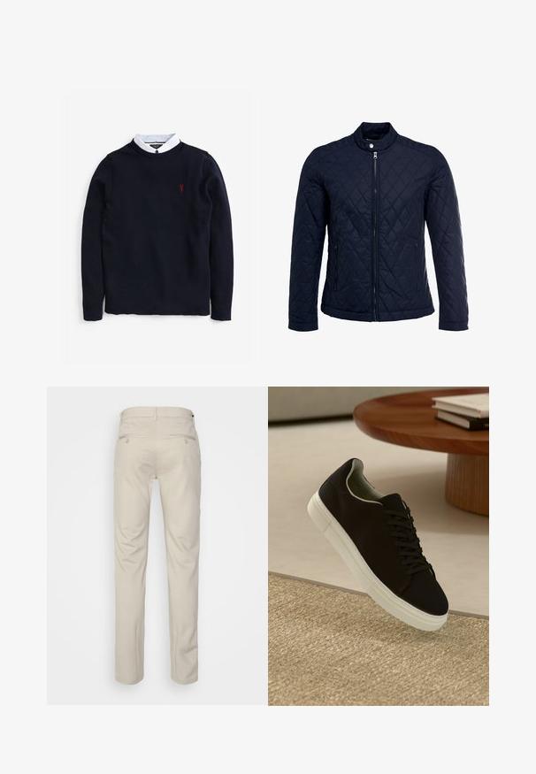 Veste matelassée bleu marine avec col montant, fermeture éclair sur le devant et deux poches latérales. Le matériau a une texture lisse avec des motifs en losange.; Pull marine en tricot texturé, avec une chemise blanche en dessous et un petit logo rouge sur la poitrine.; Pantalon beige avec une texture lisse, coupe droite, deux poches arrière avec boutons, et une taille standard.; Baskets noires avec semelle blanche flottant au-dessus d'un tapis texturé beige, près d'une table en bois ronde avec des livres empilés.
