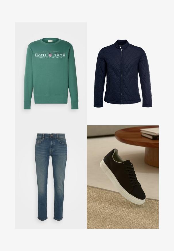 Marineblå quiltet jakke med stått krage, hel frontglidelås og to sidelommer. Materialet har en glatt tekstur med diamantmønster.; Grønn bomullssweatshirt med lange ermer, rund hals og trykt grafikk med tekst, et skjold og striper på forsiden.; Mørkeblå jeans med slim fit, med knappe-lukking, fem lommer og en litt falmet finish. Laget av denimstoff.; Svart sneakers med hvit såle som svever over en beige teksturert teppe nær et rundt trebord med stablede bøker.