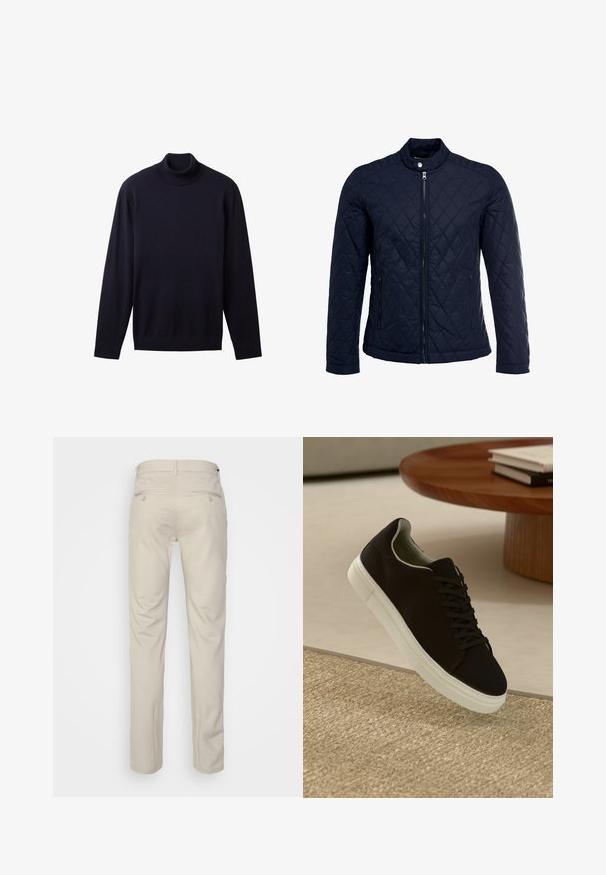 Granatowa pikowana kurtka z stojącym kołnierzem, pełnym zamkiem błyskawicznym i dwoma bocznymi kieszeniami. Materiał ma gładką teksturę z diamentowym wzorem.; Granatowy sweter z golfem wykonany z miękkiej tkaniny, z długimi rękawami i dopasowanym krojem oraz wysokim kołnierzem. Całość o gładkiej fakturze.; Beżowe spodnie o gładkiej fakturze, prostym kroju, z dwiema tylnymi kieszeniami z guzikami i standardowym pasem.; Czarny sneaker z białą podeszwą unoszący się nad beżowym, teksturowanym dywanem w pobliżu okrągłego drewnianego stołu z poukładanymi książkami.