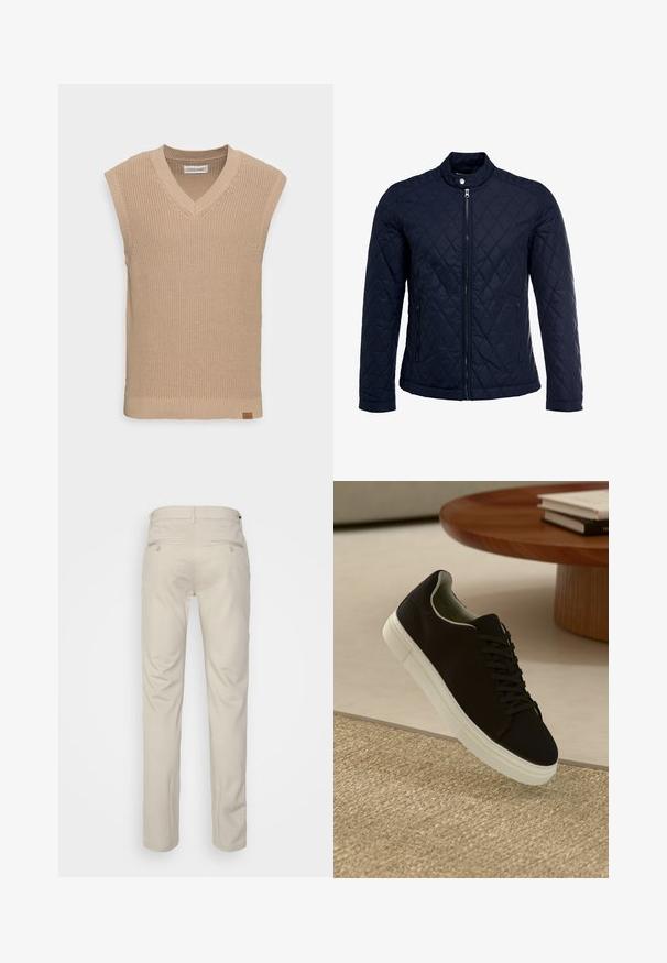Granatowa pikowana kurtka z stojącym kołnierzem, pełnym zamkiem błyskawicznym i dwoma bocznymi kieszeniami. Materiał ma gładką teksturę z diamentowym wzorem.; Beżowy sweter bez rękawów z dzianiny, z dekoltem w serek, prążkowaną teksturą i małą skórzaną metką z logo w dolnym lewym rogu.; Beżowe spodnie o gładkiej fakturze, prostym kroju, z dwiema tylnymi kieszeniami z guzikami i standardowym pasem.; Czarny sneaker z białą podeszwą unoszący się nad beżowym, teksturowanym dywanem w pobliżu okrągłego drewnianego stołu z poukładanymi książkami.