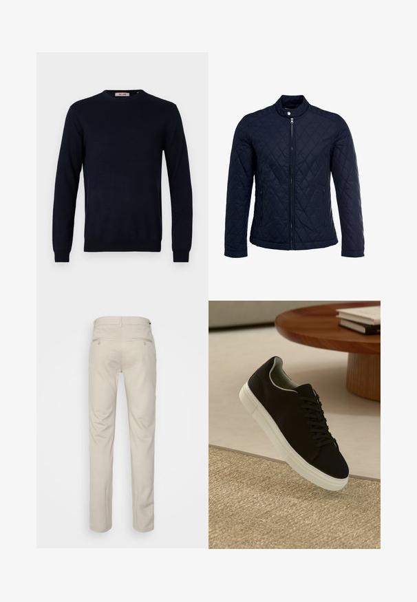 Jachetă matlasată de culoare bleumarin, cu guler în picioare, fermoar pe întreaga lungime și două buzunare laterale. Materialul are o textură netedă, cu modele în diamant.; Pulover bleu marin cu gât rotund, fabricat dintr-un material tricotat fin, având mâneci lungi și manșete și tiv ondulate. Design minimalistic, fără modele.; Pantaloni bej cu o textură netedă, croială dreaptă, două buzunare laterale cu nasturi și un brâu standard.; Pantof din material textil negru, cu talpă albă, plutind deasupra unui covor texturat bej, lângă o masă rotundă din lemn cu cărți stivuite.