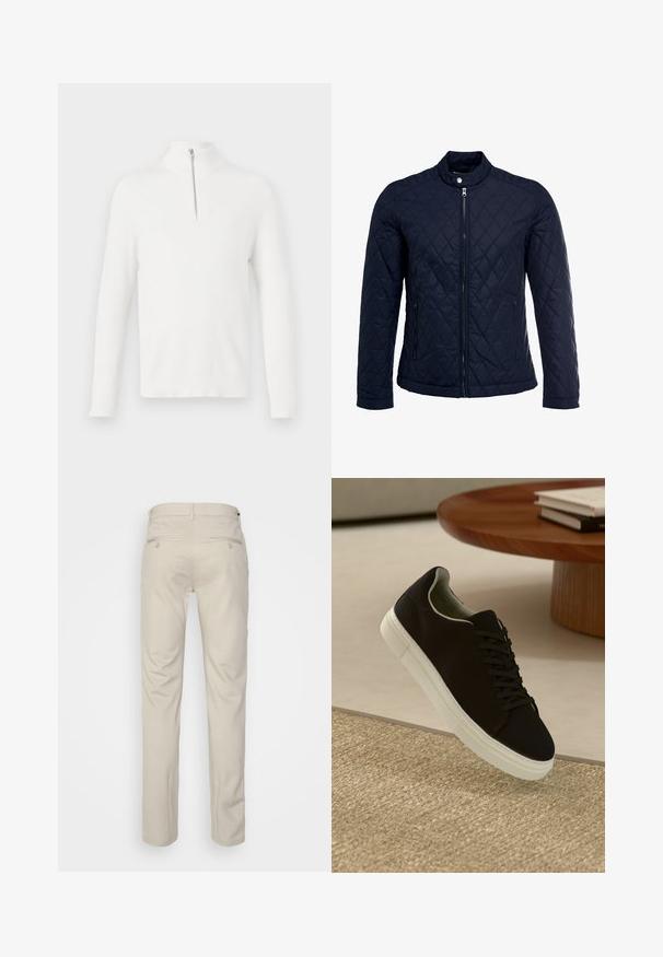 Marineblauwe gewatteerde jas met een staande kraag, volledige ritssluiting aan de voorkant en twee zijzakken. Materiaal heeft een gladde textuur met ruitpatronen.; Witte, ribbelgebreide pullover met lange mouwen en een hoge kraag. Voorzien van een zilveren ritsdetail aan de voorkant. Zachte textuur en aansluitende pasvorm.; Beige broek met een gladde textuur, rechte snit, twee achterzakken met knopen en een standaard tailleband.; Zwarte sneaker met witte zool die boven een beige gestructureerd tapijt zweeft, nabij een ronde houten tafel met gestapelde boeken.