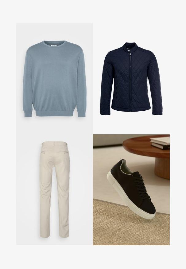 Mornarsko podloženo jakno z dvignjenim ovratnikom, polnim zadrgo in dvema stranskima žepoma. Material ima gladko teksturo s diamantnimi vzorci.; Svetlo modri pulover iz pletene tkanine, z okroglo oblikovano ovratnikom ter rebrastimi manšetami in robom. Preprost dizajn z mehko teksturo.; Bež hlače z gladko teksturo, ravnega kroja, dvema zadnjima žepoma z gumbi in standardnim pasom.; Črni športni copat z belim podplatom lebdi nad bež teksturiranim preprogam blizu okroglega lesenega mize z zloženimi knjigami.