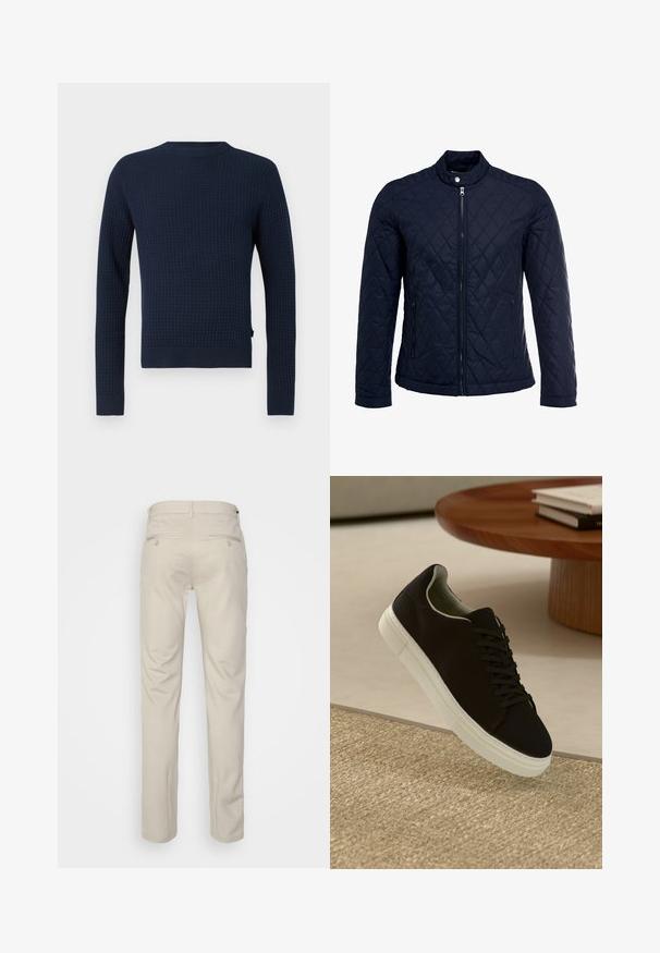 Tamsiai mėlynas užsegamas dubliažinis švarkas su stovinčiu apykakliu, visiškai užtraukiamas priekyje, ir dviem šoninėmis kišenėmis. Medžiaga turi lygią tekstūrą su deimantiniais raštais.; Tamsiai mėlynas megztinis su tekstūriniu raštu, ilgomis rankovėmis, apvalia iškirpte bei raštuotais rankogaliais ir apačia. Šone yra subtilus logotipas.; Bežinės kelnės su lygia tekstūra, tiesiu pjūviu, dviem užpakalinėmis kišenėmis su sagomis ir standartine juosmena.; Juodas sportinis batelis su baltu padu, lekiančius virš smėlio spalvos tekstūruoto kilimo šalia apvalaus medinio stalo su sukrautomis knygomis.