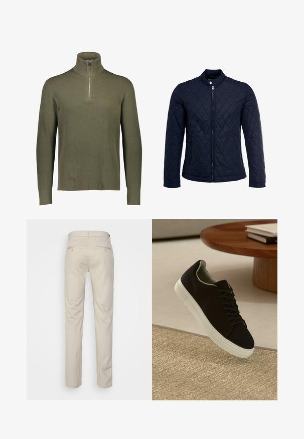 Marineblauwe gewatteerde jas met een staande kraag, volledige ritssluiting aan de voorkant en twee zijzakken. Materiaal heeft een gladde textuur met ruitpatronen.; Olijfgroene geribde gebreide pullover met een hoge kraag en een kwart-ritssluiting. Voorzien van lange mouwen en een gestructureerde afwerking.; Beige broek met een gladde textuur, rechte snit, twee achterzakken met knopen en een standaard tailleband.; Zwarte sneaker met witte zool die boven een beige gestructureerd tapijt zweeft, nabij een ronde houten tafel met gestapelde boeken.