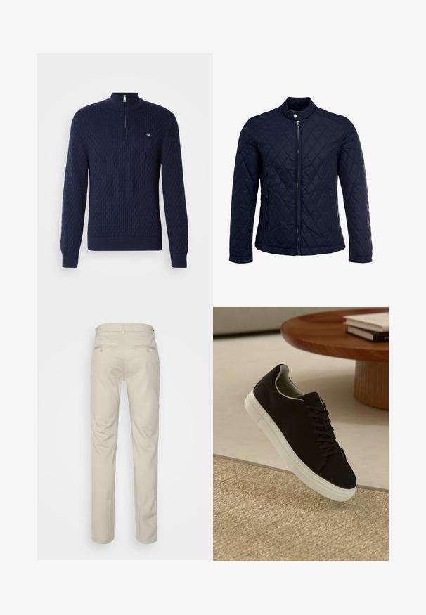 Tamsiai mėlynas užsegamas dubliažinis švarkas su stovinčiu apykakliu, visiškai užtraukiamas priekyje, ir dviem šoninėmis kišenėmis. Medžiaga turi lygią tekstūrą su deimantiniais raštais.; Tamsiai mėlynas megztinis su užtrauktuku ir pusiau apykakle, su tekstūruotu deimantiniu raštu, raibu rankogaliais ir apačia, puošiamas mažu logotipu.; Bežinės kelnės su lygia tekstūra, tiesiu pjūviu, dviem užpakalinėmis kišenėmis su sagomis ir standartine juosmena.; Juodas sportinis batelis su baltu padu, lekiančius virš smėlio spalvos tekstūruoto kilimo šalia apvalaus medinio stalo su sukrautomis knygomis.