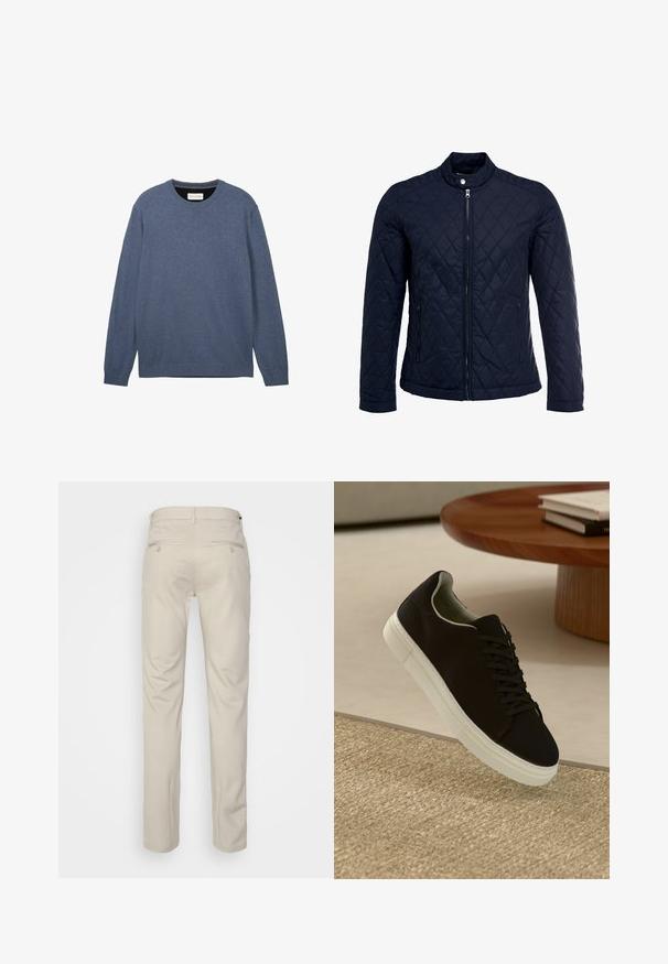 Granatowa pikowana kurtka z stojącym kołnierzem, pełnym zamkiem błyskawicznym i dwoma bocznymi kieszeniami. Materiał ma gładką teksturę z diamentowym wzorem.; Sweter z okrągłym dekoltem w ciemnoniebieskim kolorze, wykonany z miękkiego materiału o gładkiej fakturze, z długimi rękawami oraz ściągaczami na rękawach i dole.; Beżowe spodnie o gładkiej fakturze, prostym kroju, z dwiema tylnymi kieszeniami z guzikami i standardowym pasem.; Czarny sneaker z białą podeszwą unoszący się nad beżowym, teksturowanym dywanem w pobliżu okrągłego drewnianego stołu z poukładanymi książkami.