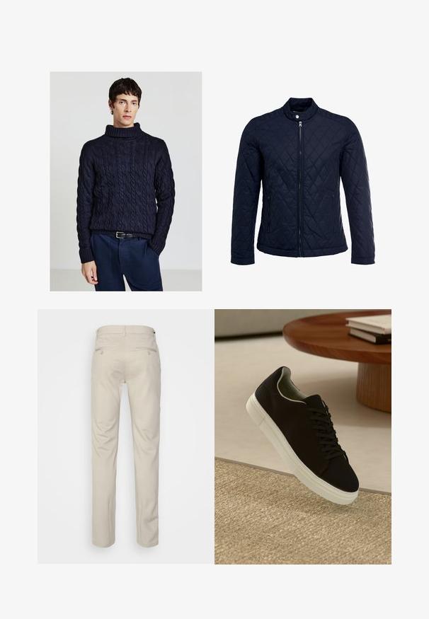 Marinefarbenes wattiertes Jackett mit Stehkragen, durchgehendem Reißverschluss und zwei seitlichen Taschen. Das Material hat eine glatte Textur mit Rautenmuster.; Marineblauer, kabelgestrickter Rollkragenpullover mit strukturiertem Muster, gerippten Bündchen und Saum. Kombiniert mit dunklen Hosen, die eine lässige Passform zeigen.; Beige Hosen mit glatter Textur, geradem Schnitt, zwei Gesäßtaschen mit Knöpfen und einem normalen Bund.; Schwarze Sneakers mit weißer Sohle, die über einem beige strukturierten Teppich schweben, in der Nähe eines runden Holztisches mit gestapelten Büchern.