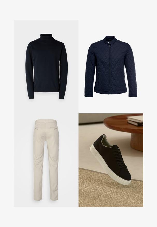 Námorníkovo prešívané sako s vysokým golierom, plným predným zipsom a dvoma bočnými vreckami. Materiál má hladkú textúru s diamantom vzorom.; Tmavomodrý svetrový rolák vyrobený z mäkkej, elastickej látky. Má dlhé rukávy a rebrované manžety a lem. Jednoduchý, čistý dizajn.; Béžové nohavice s hladkou textúrou, rovný strih, dve zadné vrecká s gombíkmi a štandardný pás.; Čierna teniska s bielou podrážkou plávajúca nad béžovým textúrovaným kobercom pri okrúhlom drevenom stole s hromadou kníh.