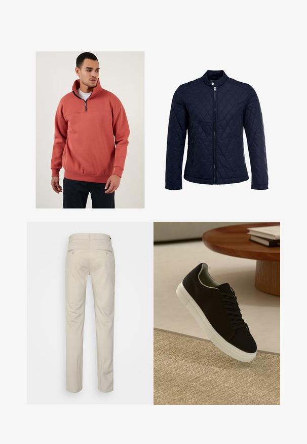 Tumesinine tikitud jakk, millel on püstine krae, täispikk tõmblukk ja kaks küljetaskut. Materjal on sileda tekstuuriga ja kaunistatud rombikujuliste mustritega.; Korallivärvi fliisist pullover neljanda kruviga kraega. Kasutuses on horisontaalne õmblus rinna kohal ja soonikkoes mansetid. Pehme tekstuur.; Bež püksid siledas tekstuuris, sirge lõikega, kahe nööpidega tagataskuga ja tavalise vöökohaga.; Mustad musta tossuga valge tallaga, mis hõljub beeži tekstuuriga vaiba kohal, ümaral puidust laual, mille peal on kokku virnastatud raamatud.