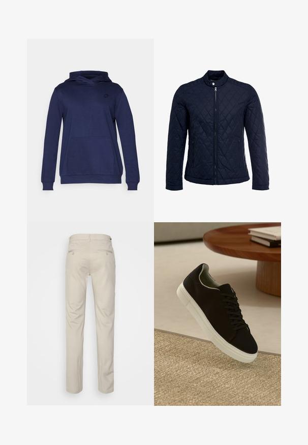 Mornarska jakna od ripsa s uzastopnim ovratnikom, punim prednjim zatvaračem i dva bočna džepa. Materijal ima glatku teksturu s dijamantnim uzorcima.; Mornarsko plava dukserica od mekog materijala, sa prednjim džepom, rebrastim manžetama i malim logotipom na grudima. Jednostavan, opušten dizajn.; Bež hlače s glatkom teksturom, ravnog kroja, dva stražnja džepa s gumbima i standardnim pojasom.; Crna tenisica s bijelim potplatom koja lebdi iznad bež teksturiranog tepiha pored okruglog drvenog stola sa složenim knjigama.
