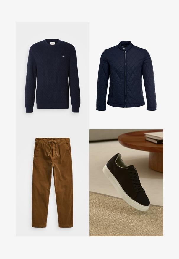 Navy quilted jacket featuring a stand-up collar, full front zip, and two side pockets. Material has a smooth texture with diamond patterns.; Navy blue knitted sweater featuring a diamond texture, crew neck, and ribbed cuffs. Small logo stitched on the upper left side.; Brown corduroy pants featuring an elastic waistband with drawstring, side pockets, and straight legs with textured ribbing.; Black sneaker with white sole floating above beige textured rug near round wooden table with stacked books.