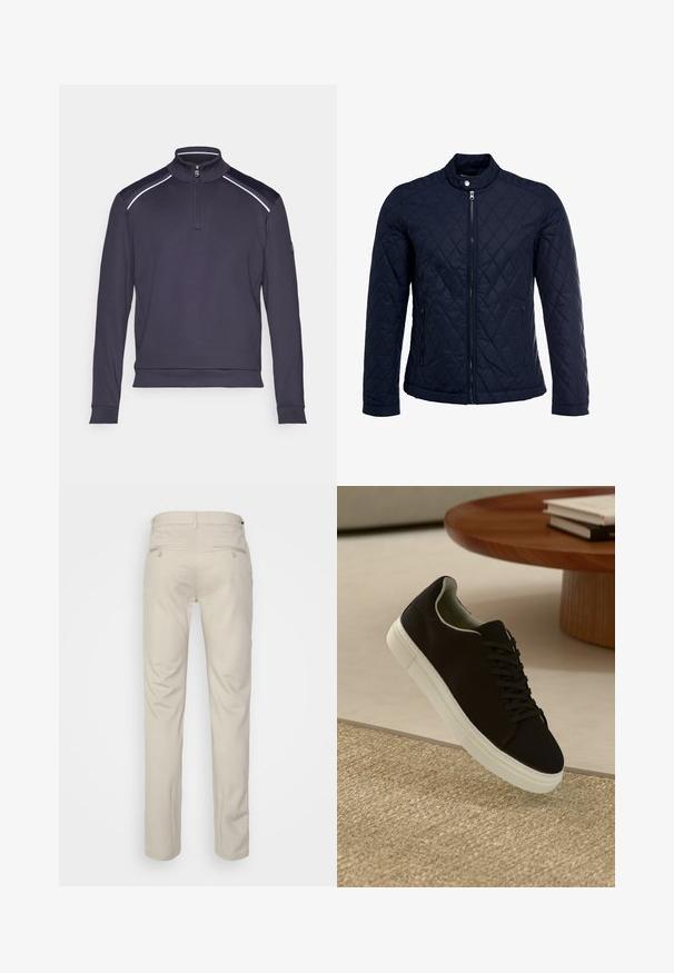 Giacca trapuntata blu navy con colletto alto, zip frontale completa e due tasche laterali. Il materiale ha una texture liscia con motivi a rombi.; Pullover navy con colletto zip, maniche lunghe e accenti a contrasto sulle spalle. Tessuto morbido e design aderente per comfort e facilità di movimento.; Pantaloni beige con una texture liscia, taglio dritto, due tasche posteriori con bottoni e vita standard.; Sneaker nero con suola bianca che flotta sopra un tappeto beige testurizzato vicino a un tavolo rotondo in legno con libri impilati.